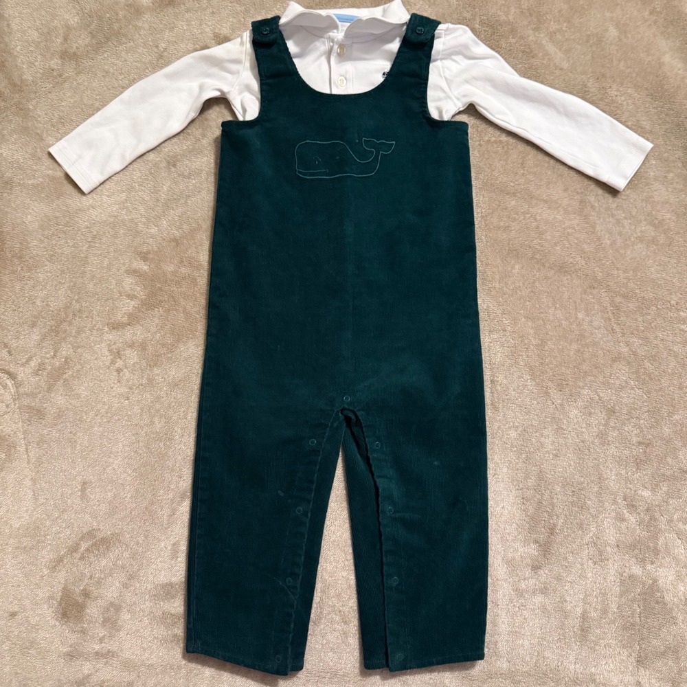 Vineyard Vines Toddler Boys Green Corduroy Whale Overalls and Polo Set 18-24M